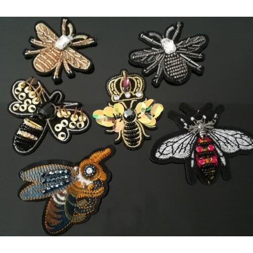 Gold Crown Bee sequins Rhinestones bead brooch patches applique sew on applique clothes shoes bags decoration patch AC1249
