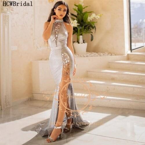 Shiny Sliver Crystal Mermaid Arabic Prom Dresses Sexy High Neck Long Formal Dress With Slit Robe De Soiree Plus Size Party Gown