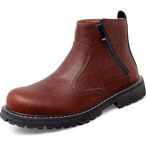 New Mens Shoes Fashion Leather Casual Personality Classic Solid Color Round Toe Diagonal Zipper Comfortable Short Boots