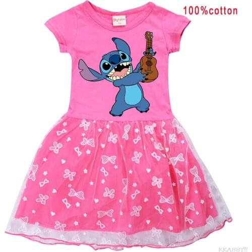 STITCH New Girl Princess cotton Dress Cartoon Cartoon Gauze Hem Short Sleeve Childrens dress ball gown