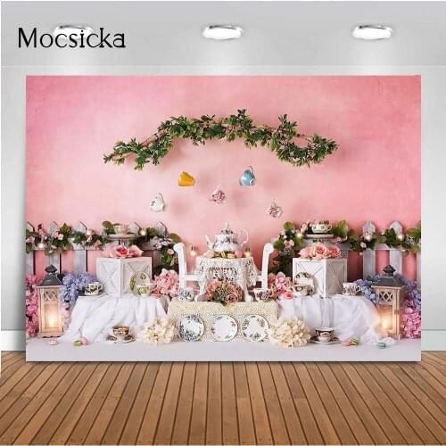 Pink Tea Theme Party Woodland Safari Backdrop for Photography Girls Newrborn Children Photoshoot Cake Smash Photo Background