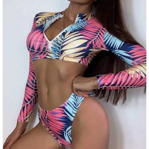 Swimwear Women Long sleeve Printed High Waist Bikini Push-Up Padded V-neck Bikini Set Swimsuit Beachwear Swimming Suit For Women