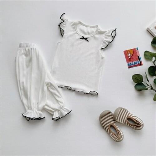 Summer Toddler Girls Clothing Sets Home Wear Cotton Fly Sleeve Wooden Ear T-shirts Shorts Sleepwear 2pcs Kids Clothes Pajamas