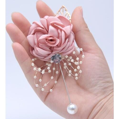 Fashion Wedding Corsage Artificial Pearls Satin Rose Brooch Flowers Boutonniere Party Wedding Men Groom Flower Boutonniere