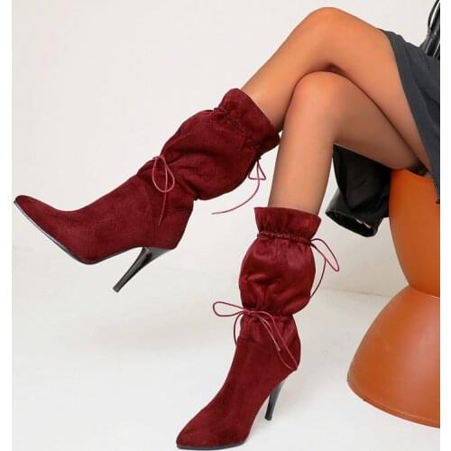 New Spring Autumn Womens Personalized Knee High Boots Fashion Stretch Cross Tied Womens Shoes Winter Sexy Thin High-Heel Boots