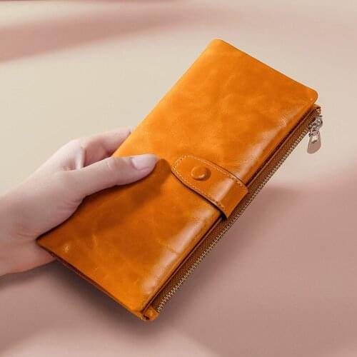 New Style RFID Purse Female Head Layer Cowhide Business Retro Long Lady Wallet Oil Leather Leather Womens Bag