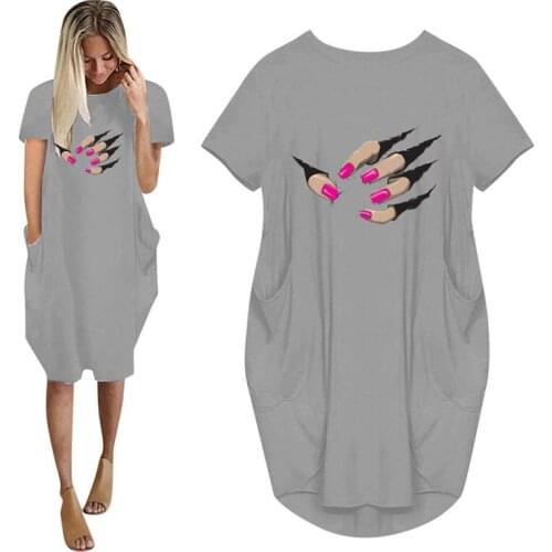 Finger Nail Print Women Summer Short Sleeve Casual Loose Dress With Pocket Ladies Fashion O Neck Long Tops Female T Shirt Dress
