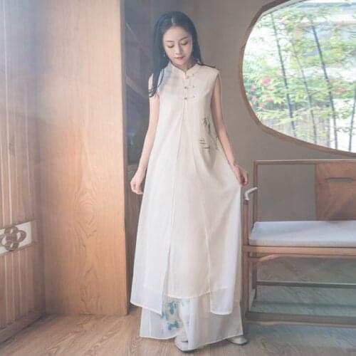 Chinese Style Dresses Summer 2021 Chinese Dress Qipao Plate Buckle Women Cheongsam Sleeveless Cotton Linen Vintage Dresses 30747