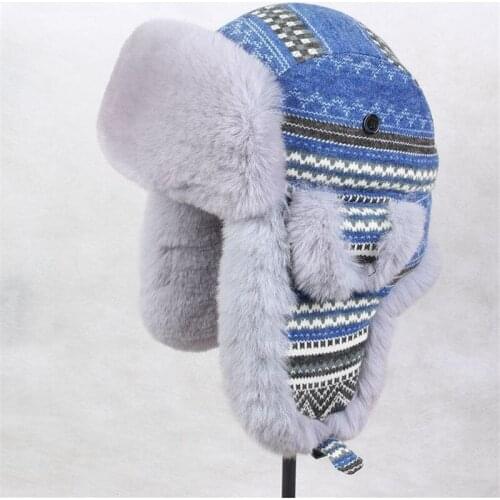 New Blue print winter thick thermal warm Russian man or women cap Fur Bomber style Outdoor Hiking Ski cap