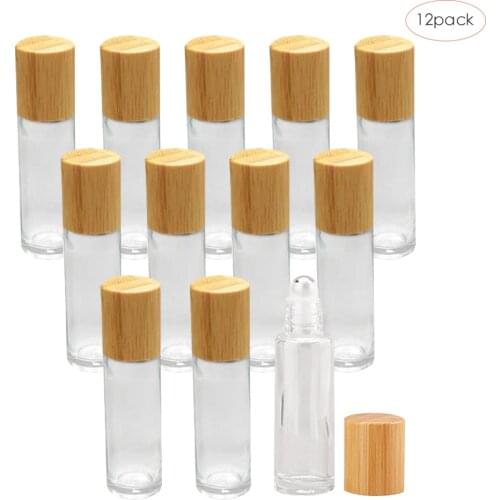 12Pcs 10ml Roll On Glass Bottles For Essential Oil Glass Roller Bottles Refillable Container With Bamboo Lid Cosmetic Container