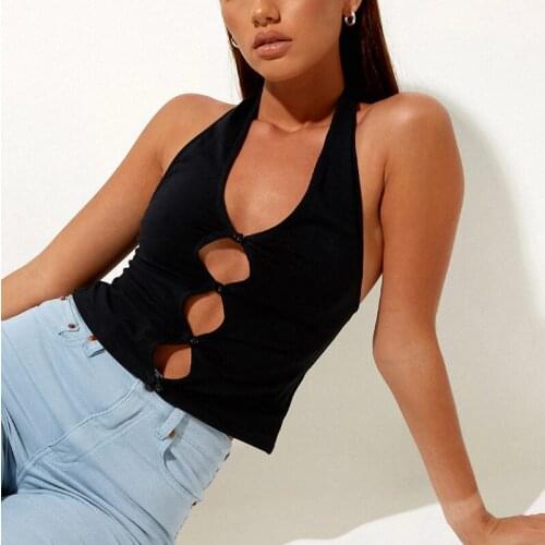 Tops for Women Tank Top Womens Clothing Hollow Out Streetwear Sexy Solid Color Slim Backless Black Buttoned Cardigan