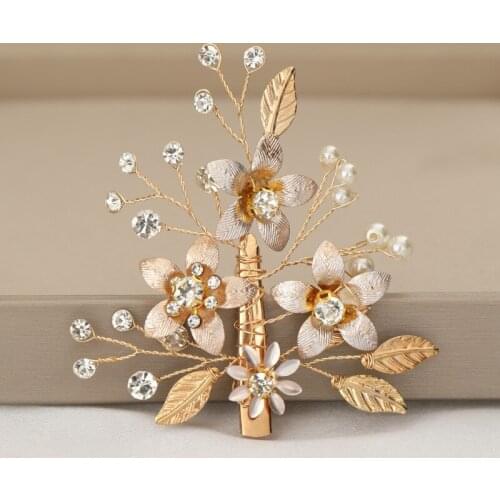 1PCS Gold Color Flower Crystal Hair Claw Women Bridal Head Decoration Hair Ornament Handmade Leaf Pearl Tiara For Girl