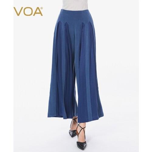 VOA 30m/m Heavy Silk Mid-waist Oblique Slot Pocket Zipper Bump Stitching Yuk Pleated Super Loose Long Wide-leg Pants KE101