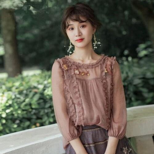 2021 New Spring, Summer And Autumn Bottoming Shirt Super Fairy Loose Ruffled Shirt Top Women Embroidered Chiffon Shirt Women