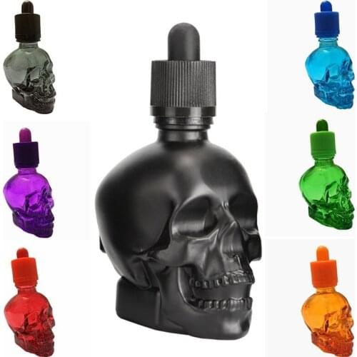 12 Pieces 30ml Glass Spray Bitter Dropper Bottle E Liquid Frosted Black Skull Shape Glass Dropper Bottle With Child Proof