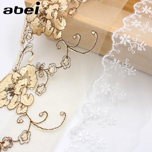 2yards/lot White Beige Embroidered Lace Trims Knitted Mesh Flower Lace Fabric Apparel Dress Decoration DIY handmade doll clothes