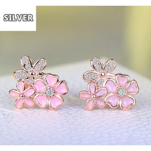 2018 New Rose Gold Color Poetic Daisy Cherry Blossom Earrings Mixed & Clear CZ Pink Flower Women Engagement Earring Jewelry