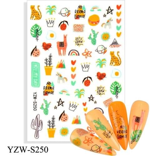 3D Stickers for Nails Self-Adhesive Sticker Slider Alpaca Cactus Leaf Love Design Nail Art Decorations Nail Foil Accessories