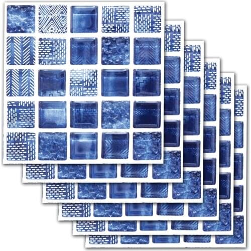 6pcs/set Blue plaid Wall sticker DIY PVC Waterproof Self adhesive Furniture Bathroom Tile Sticker Simulation tile Wall sticker
