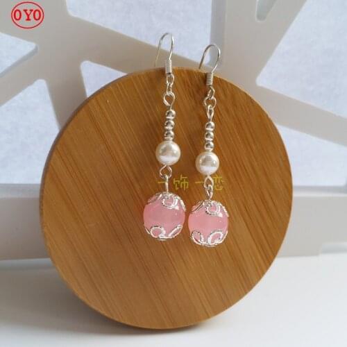 925 sterling silver costume cheongsam temperament pearl powder chalcedony earrings