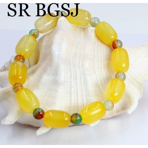 Free Shipping 6mm 10x14mm Natural Yellow Peacock Agate Gems Adjustable Stretchy Women Stone Bracelet 7inch