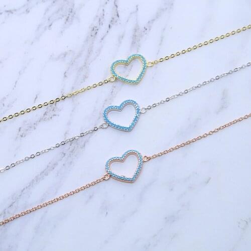100% 925 sterling silver bracelet romantic LOVE heart-shaped link chain full turquoise blue heart chic fashion valentines gift
