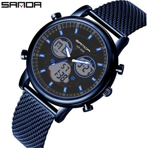 Sanda Top Brand Watch Mens Analog Quartz Digital Fashion Sport Watches Stainless Steel Strap Mens Led Electronic Clock Male