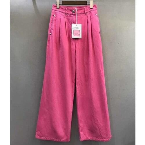 Cosmicchic 2021 Autumn Jeans Women Rose Red High Waist Wide Leg Pants Runway Denim Cotton Leisure Straight Pants Casual Fashion