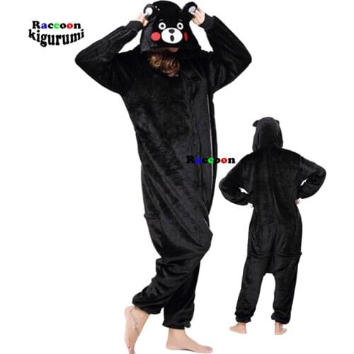 Flannel Kumamon Kigurumi Animal Women Cartoon One-Piece Pajama Hooded Onesies for adults Overall Men Black Cosplay Pyjama Romper