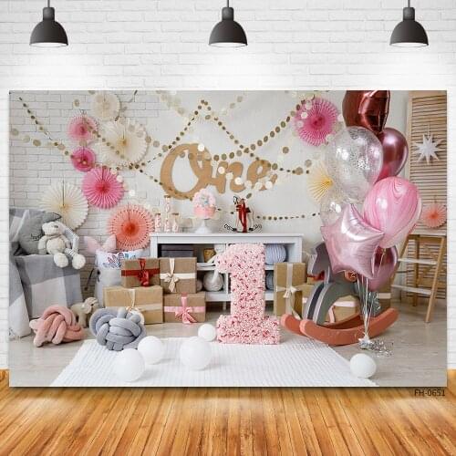 1st Birthday Party Backdrop Balloon Gift Bear Brick Wall Photography Background Newborn Baby Shower Portrait Photocall Photozone