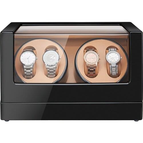 Good Quality 4 Watch Winder for Automatic Watches with Extremely Quiet Motor Black Baking Finish Interior Brown PU Leather