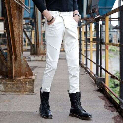 Idopy Cool PU Winter Line Steampunk Slim Tight Male Pants Men Motorcycle Black Skinny Biker Trouser Leather Jogger Trousers