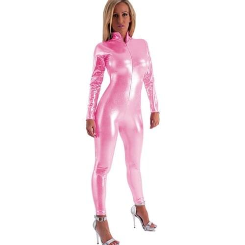 Wet Look Leather Shiny PU Elastic Jumpsuit Nightclub Party Erotic Jumpsuits Long Sleeve Zipper Tight Slim Long Romper Bodycon