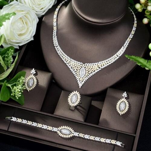 HIBRIDE 4PCS Shiny Cubic Zircon Pave Two Tones Bridal Jewelry Sets for Women Wedding Accessories schmuck sets N-205