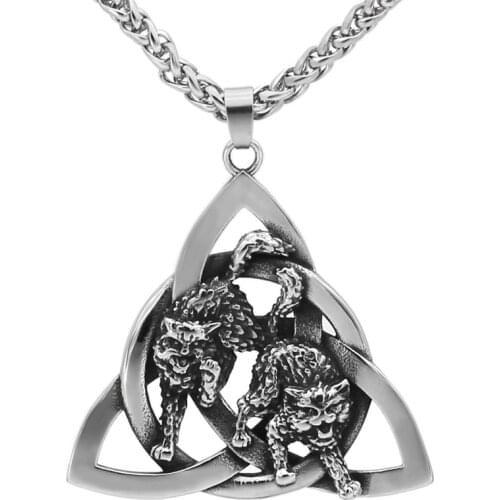 Viking Odin Double Wolf Triangle Necklaces Pendant Womens Mens Stainless Steel Pendant Vintage Silver Color Jewelry With Chain