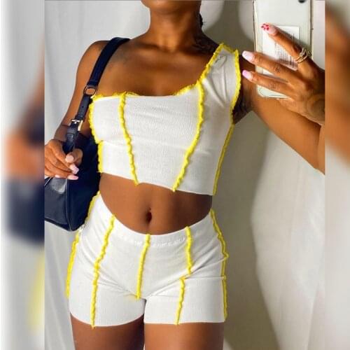 Summer Women One-shoulder Vest+Shorts Suits Vertical Pattern Decoration Sexy Style Summer Clothing Outfits