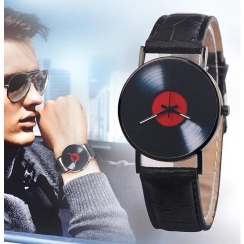 Men Simple Retro Vinyl Record Dial Faux Leather Men Women Clock Analog Quartz Wrist Watch Gift