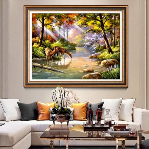 Needlework,DIY Oil Painting Forest Deer Printed Cross Stitch Sets Full Embroidery Scenic Cross-Stitching Home Decoration