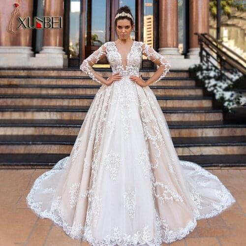 New Arrivals Vestido De Noiva Wedding Dresses A-Line Long Sleeve Luxury Beaded Lace Appliques Sexy V-neck Princess Bride Gowns