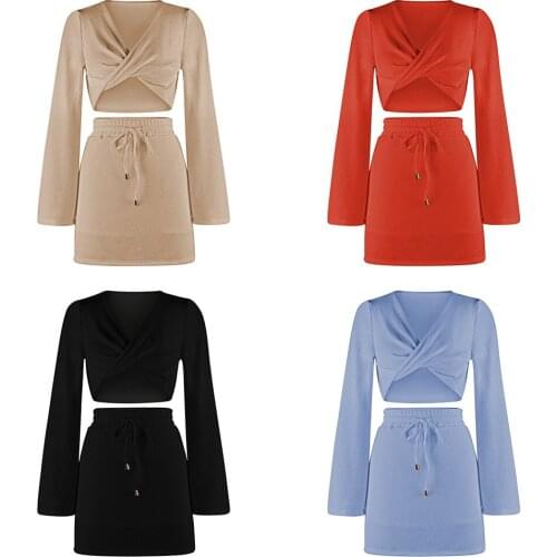New product 2-piece set of pure color womens fashion twisted long sleeves V-neck sexy blouse drawstring short skirt autumn set