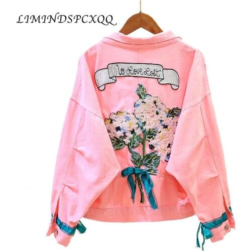 Autumn Floral Embroidery Denim Jacket Women Streetwear Loose Vintage Single Breasted Jeans Jacket Coat clothes Chaqueta Mujer