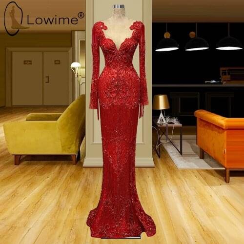 Muslim Red Long Sleeve Mermaid Evening Dresses Illusion O Neck Luxury Heavy Beading Evening Gowns Formal Women Prom Party Dress
