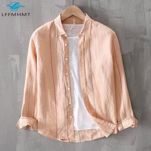 Men Fashion New Long Sleeve Striped Shirts Male Business Casual Breathable Soft Linen Fabric Slim Fit Japan Minimalist Style Top