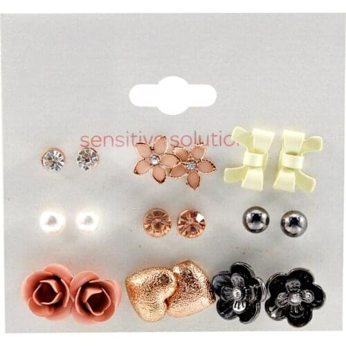 9 Pairs/set Fashion Gold Color Heart Flowers Bow Stud Earrings Set Bohemian Rhionestone Pearl Earrings for Women Girls Jewelry