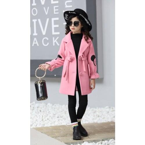 Girls woolen coats Children pure color lapel windbreaker Winter Kids pompon outwears