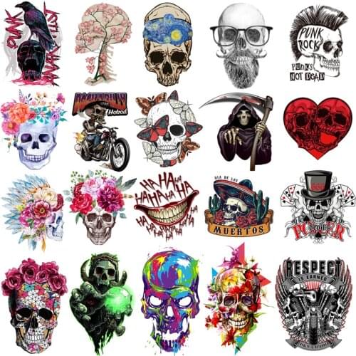 Pulaqi Skull Iron On Transfer Patches For Clothing Vinyl Heat Transfer Thermal Stickers On Clothes Hippie Grim Reaper Appliques