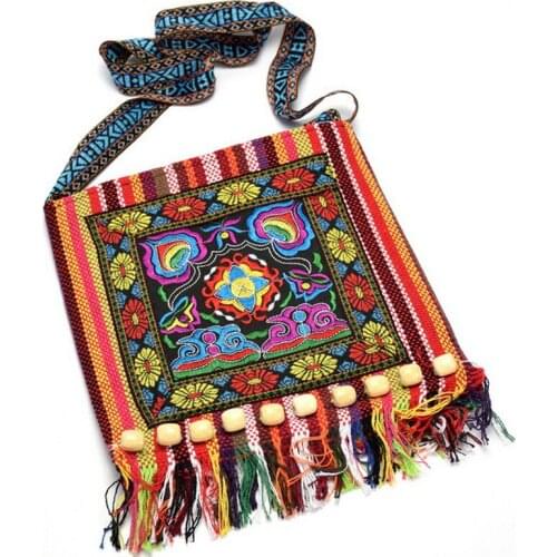 Vintage Retro Ethnic Style Striped Flower Embroidery Shoulder Bags for Women Short Tassel Handbag Ladies Crossbody Bags NB040