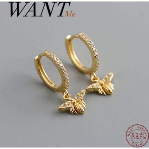 WANTME New Genuine 925 Sterling Silver Pave Zircon Bee Pendant Stud Earrings for Women Bohemian Luxury Chic Insect Jewelry Gift