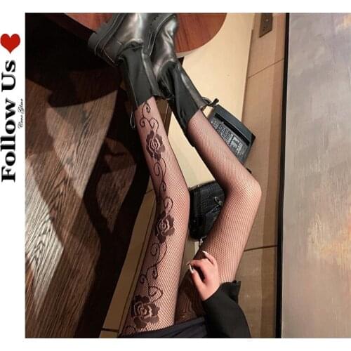 Japanese Sexy Rose Flower Stockings Thin Gothic Black Bottoming Pantyhose Hollow Anti-hook Silk Fishnet Stockings Tights Women
