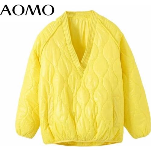 AOMO 2020 Autumn Winter Women Solid Oversize Yellow Parkas V Neck Long Sleeve Pockets Female Warm Coat 6W03A
